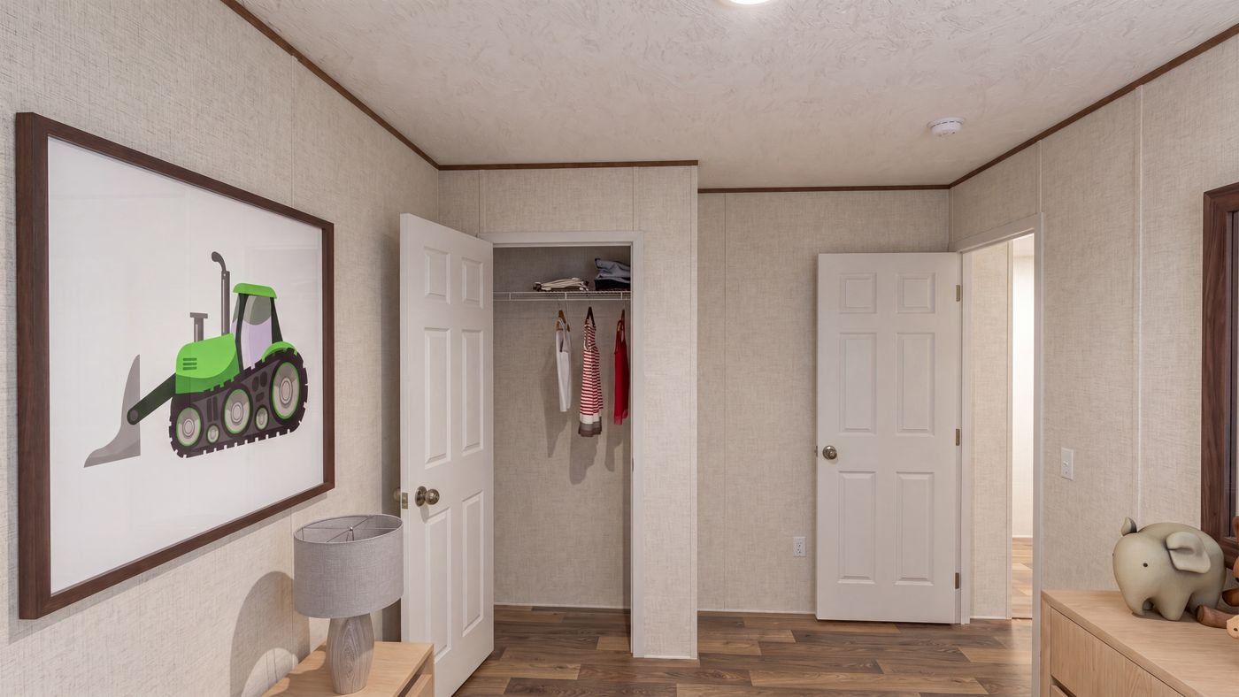 Oak floor plan home, bedroom