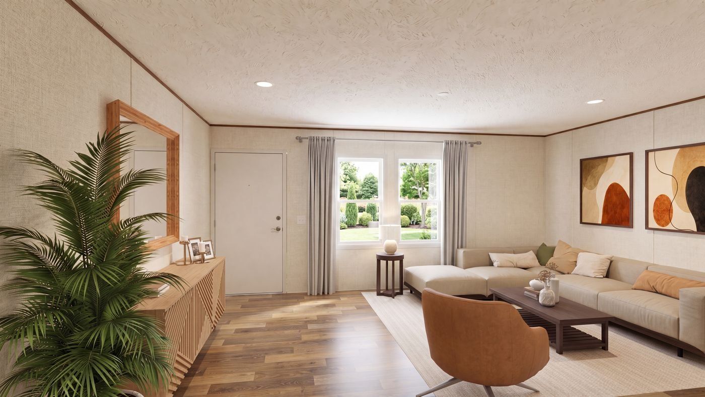 Oak floor plan home, living room