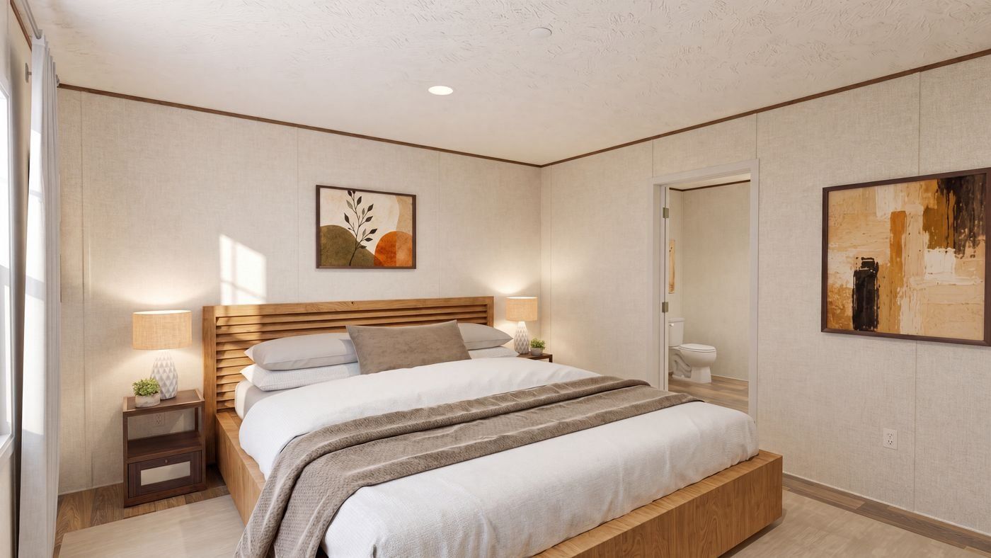 Oak floor plan home, primary bedroom